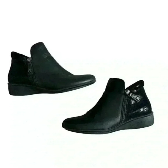 Revere Damascus Leather Shimmer Onyx Black Lizard Demi Wedge Side Zip Booties 6M - Picture 9 of 12